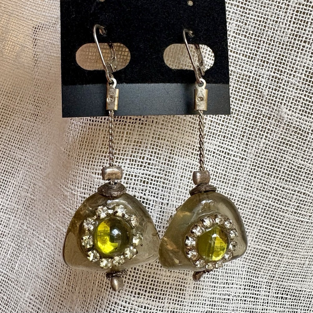 925 Sterling Silver Earrings Light Green Gemstone Enamel Drop Rhinestone Vintage